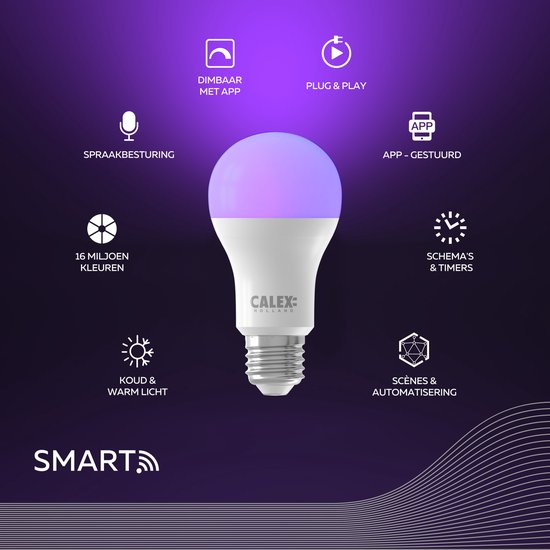 Calex Smart LED Lamp - E27 - RGB en Warm Wit - Slimme Verlichting - 9.4W