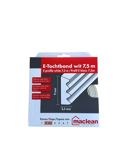 Zelfklevend Tochtband E-Profiel - Wit - 9mm x 4mm x 7,5m - Tochtstrip