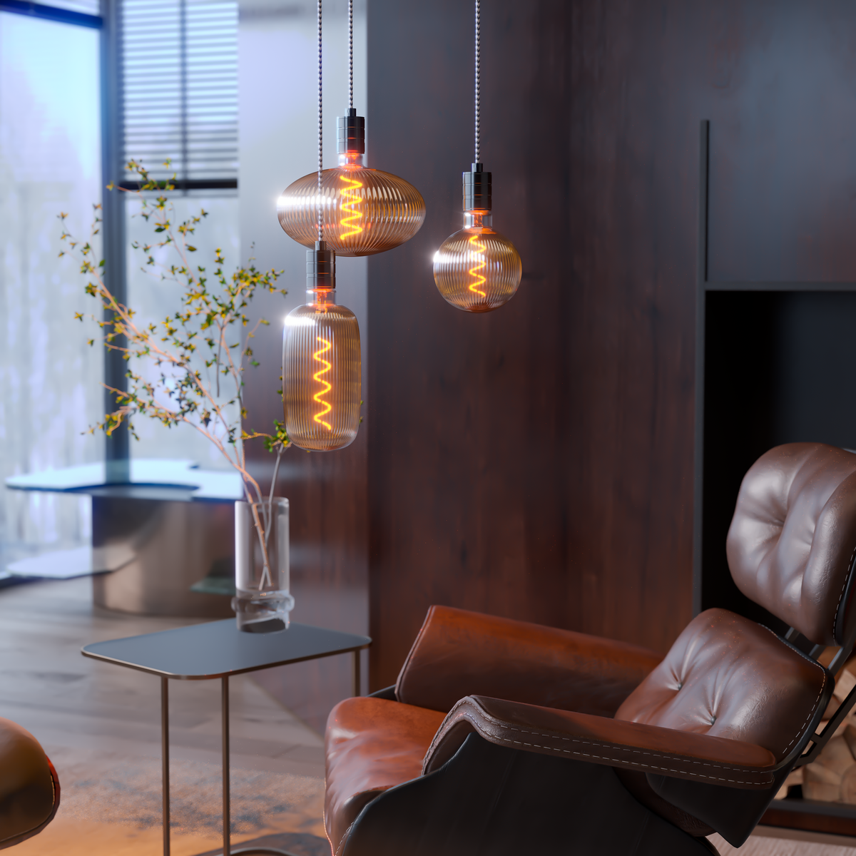 Calex Lille Smokey E27 filamentlamp gecombineerd met andere Pulse lampen in een interieur