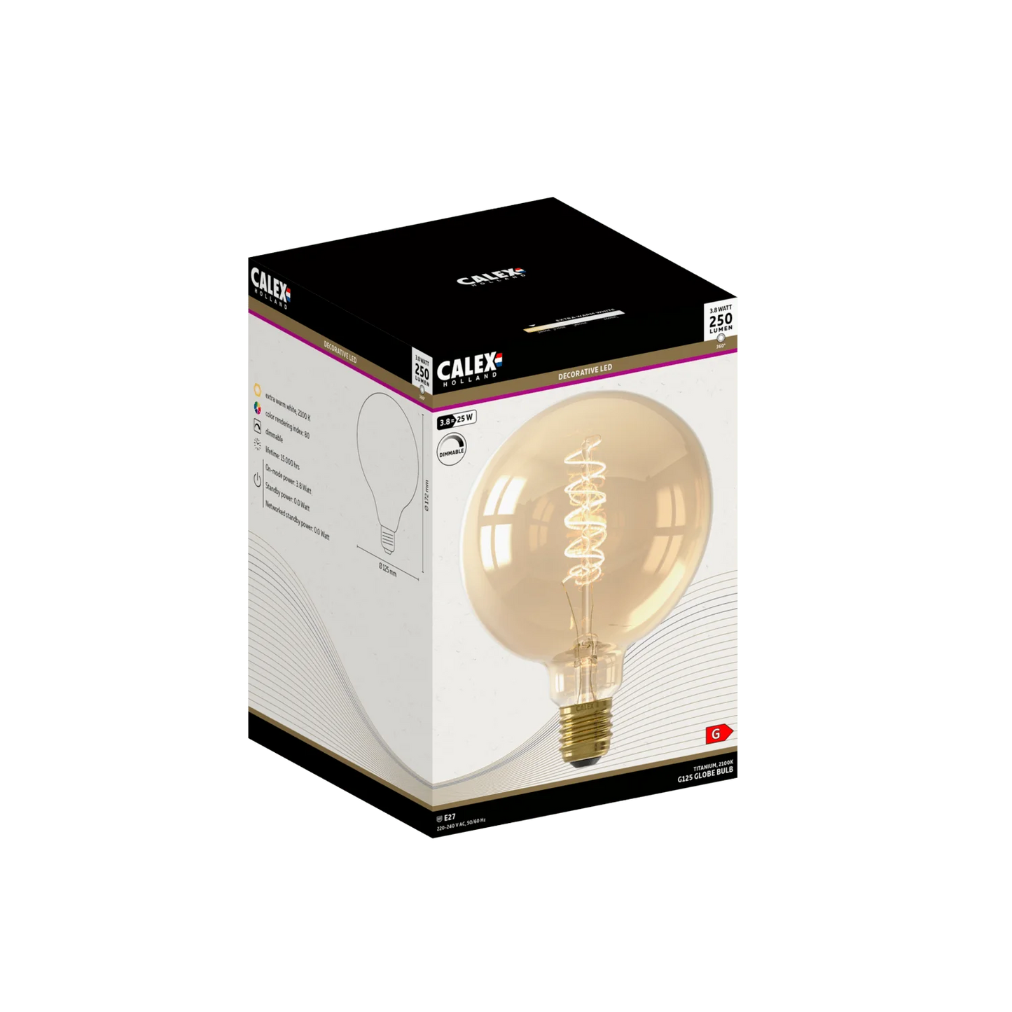 Calex LED Filament Lamp G125 E27 Gold – 3.8W Dimbaar | Sfeervolle designlamp