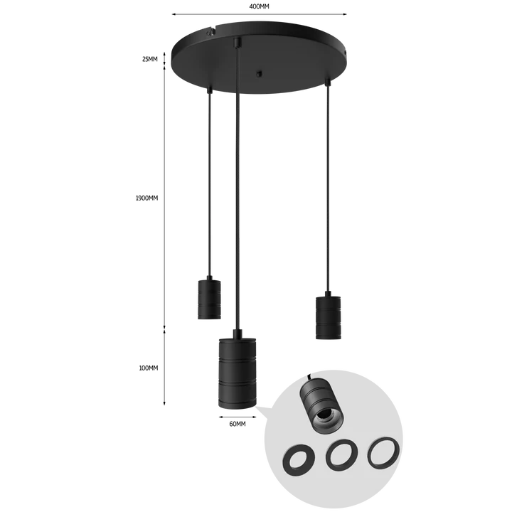 Calex Hanglamp Rond - 3x E27 - 40cm - Zwart