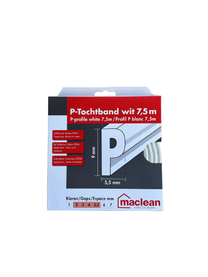 Zelfklevend Tochtband P-Profiel - Wit - 9mm x 5,5mm x 7,5m - Tochtstrip