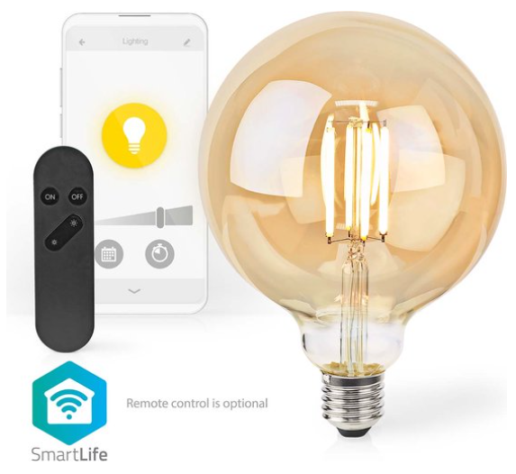 Nedis Smart LED Filamentlamp E27 – Globe, Warm Wit, Dimbaar