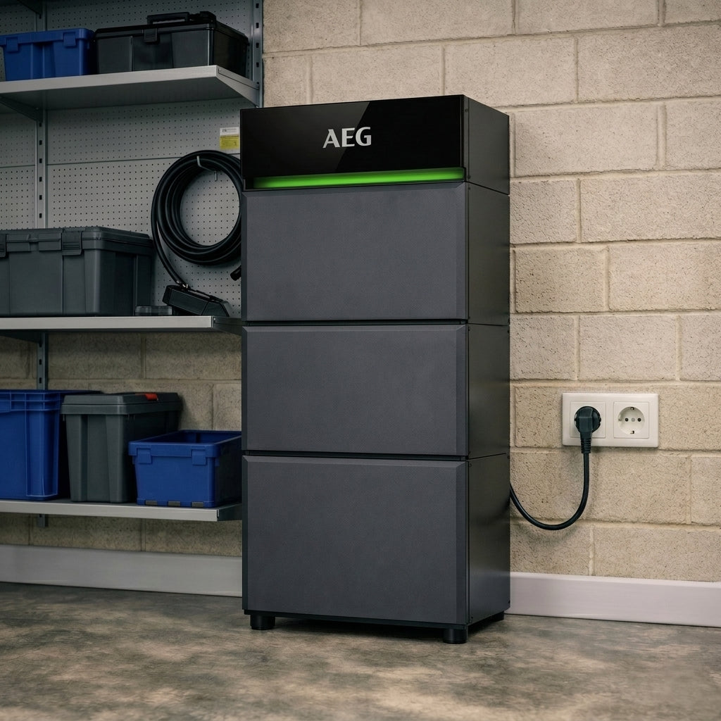 AEG SolarCube 14,4 kWh thuisbatterij met drie modules aangesloten in een garage