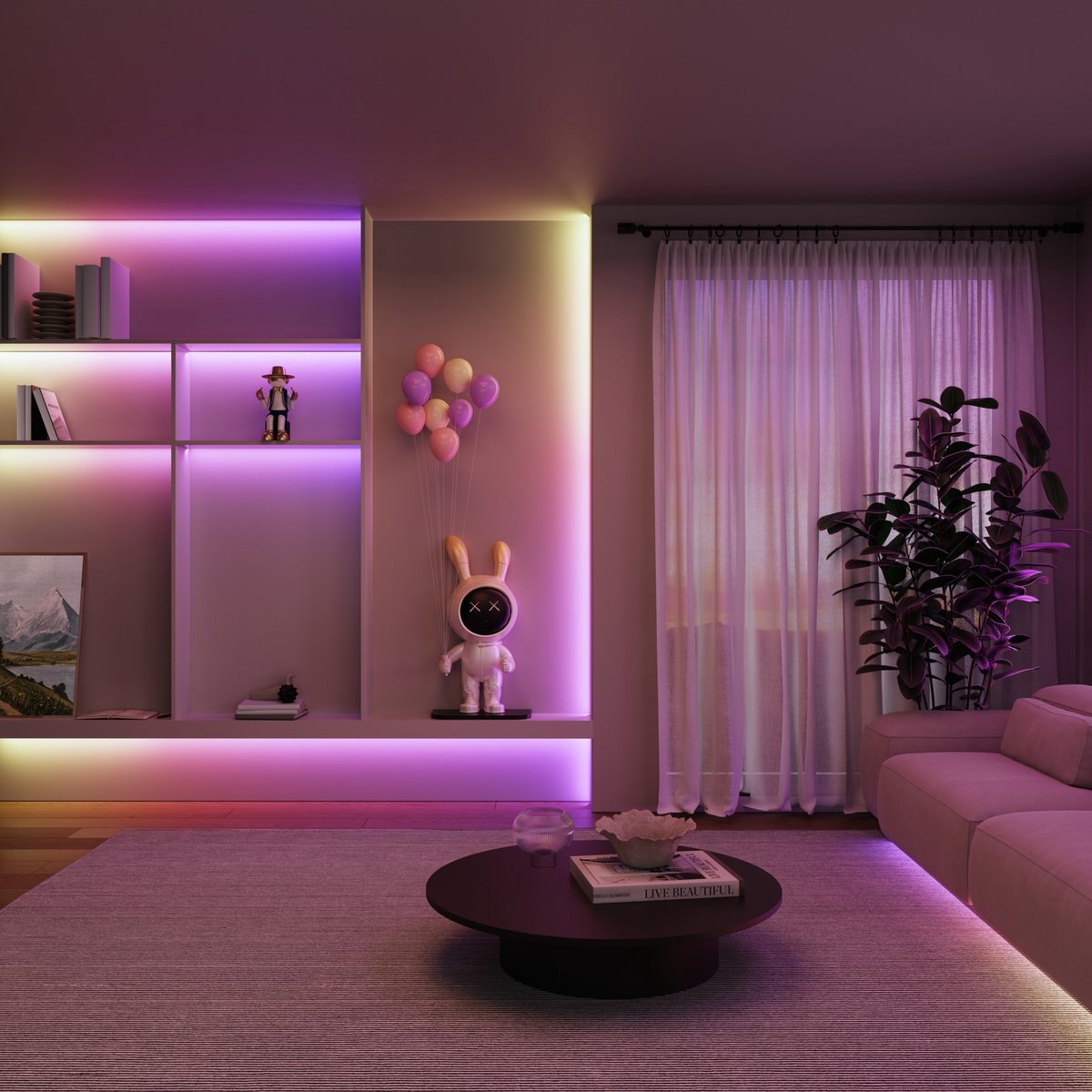 Woonkamer verlicht met de Calex Smart LED-strip in roze en warm wit