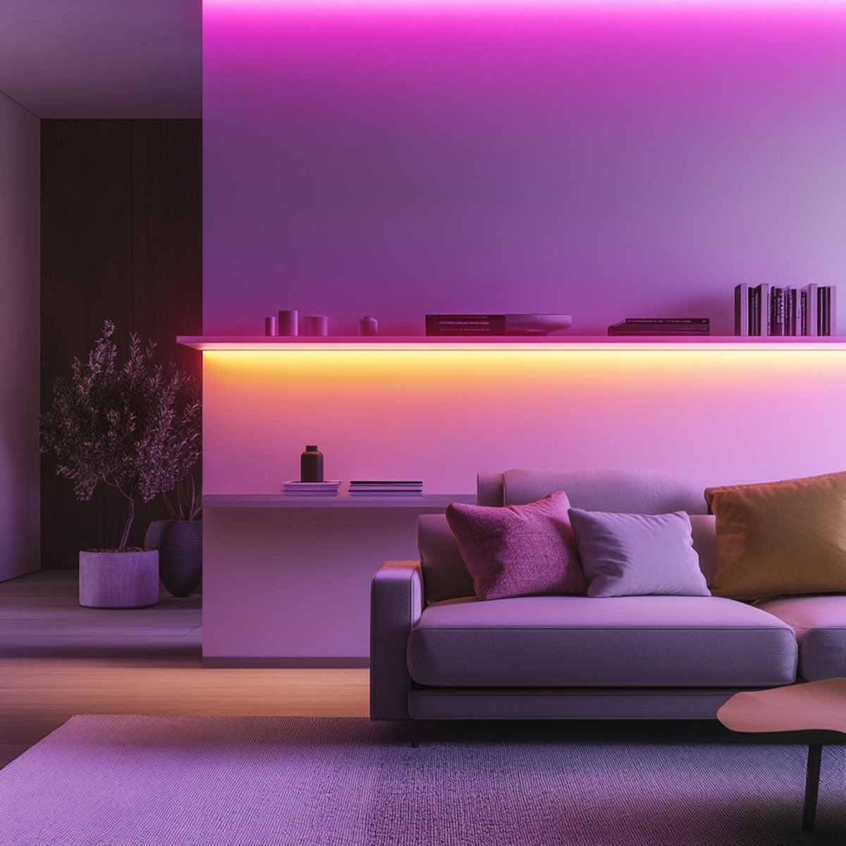 Calex Smart LED-strip als paars en warmwit sfeerlicht in de woonkamer