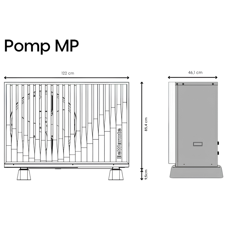 Afmetingen van de DeWarmte Pomp MP buitenunit: 122 bij 85,4 bij 46,1 cm