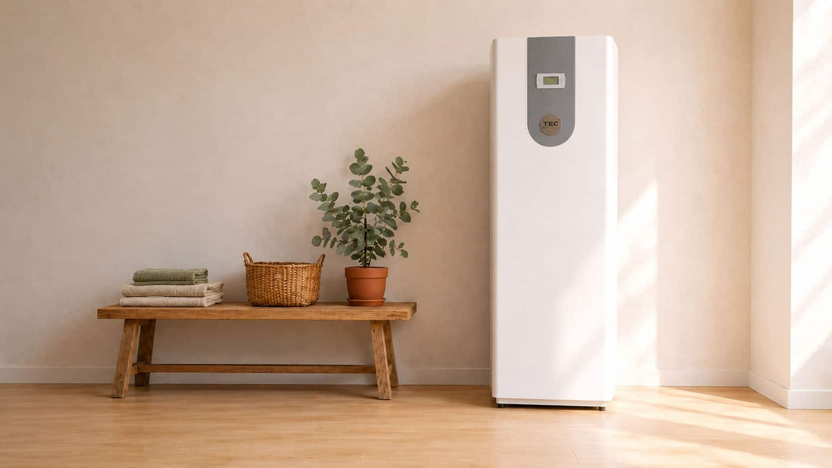 TEC QRS07 all-electric warmtepomp met geïntegreerde 200 liter boiler in een bijkeuken