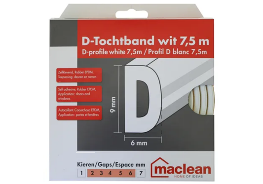 Zelfklevend Tochtband D-Profiel - Wit - 9mm x 6mm x 7,5m - Tochtstrip
