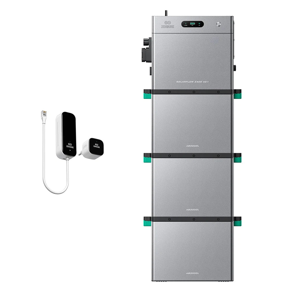 Zendure SolarFlow 2400 AC+ met drie AB3000L batterijmodules en P1-meter, totaal 11,04 kWh