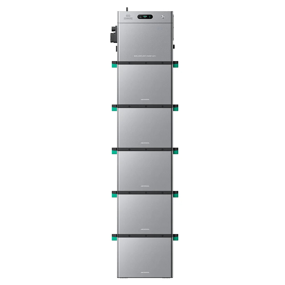 Zendure SolarFlow 2400 AC+ met vijf AB3000L batterijmodules, totaal 16,8 kWh