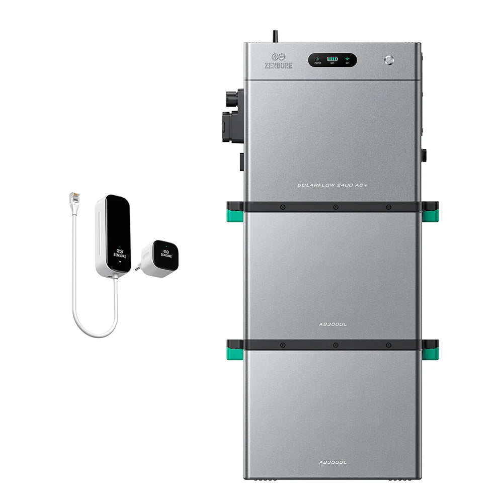 Zendure SolarFlow 2400 AC+ met twee AB3000L batterijmodules en P1-meter, totaal 8,16 kWh