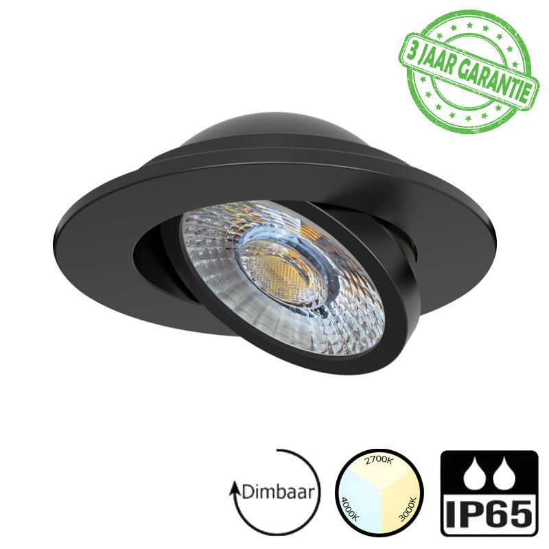 LED downlighter | Inbouw | 7 watt dimbaar | Kantelbaar | 3 lichtkleuren instelbaar CCT | IP65 | Mat zwart
