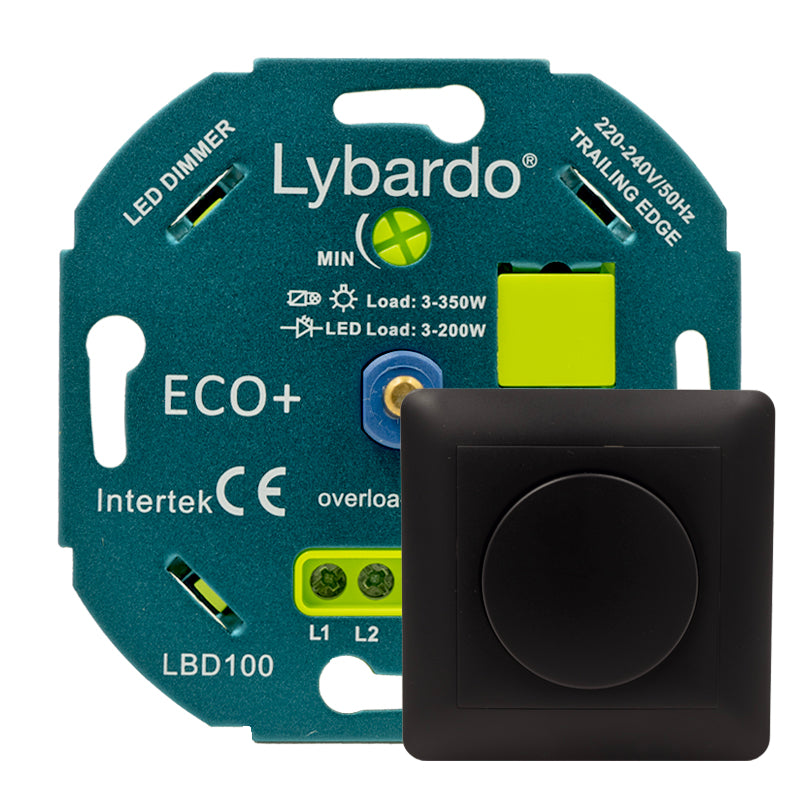LED dimmer Lybardo Eco+ 3-200 watt met zwart afdekraam | Universeel | Inbouw | Fase afsnijding