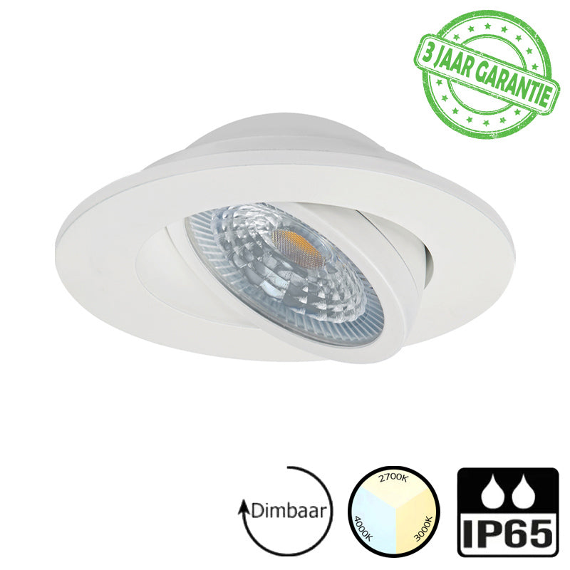 LED downlighter | Inbouw | 7 watt dimbaar | Kantelbaar | 3 lichtkleuren instelbaar CCT |  IP65 | Wit